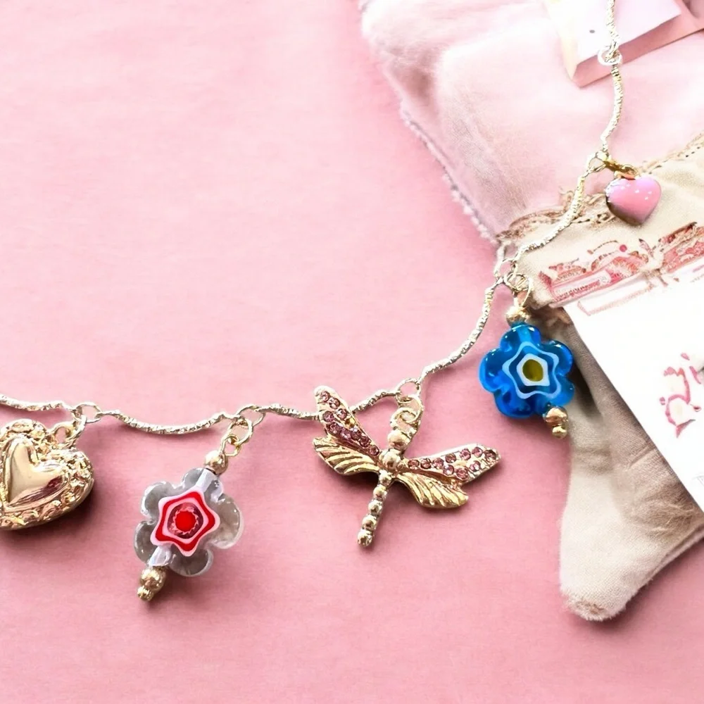 Gold and Red toned Charm Necklace glass rhinestones enamel tulip flower hearts